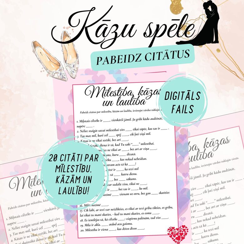 Kāzu spēle "Pabeidz citātus par mīlestību, kāzām un laulību", digitāls PDF fails
